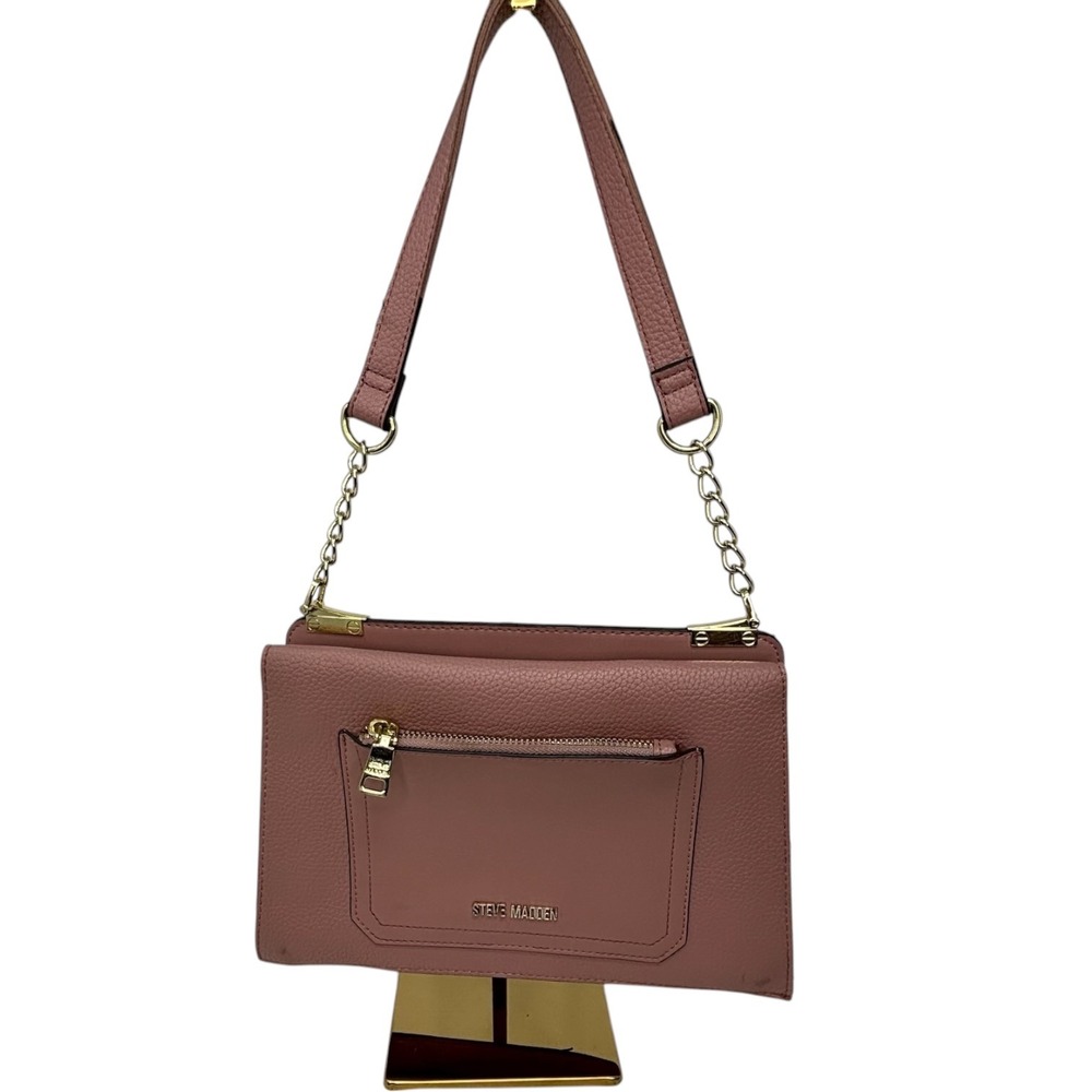Steve Madden Dusty Rose Faux Leather Shoulder Bag Gold Chain Front Zip Purse